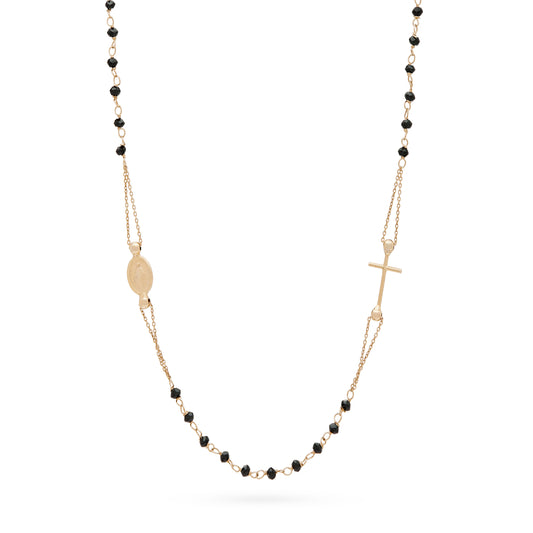 YELLOW GOLD NECKLACE ROSARY WITH BLACK CRYSTALS
