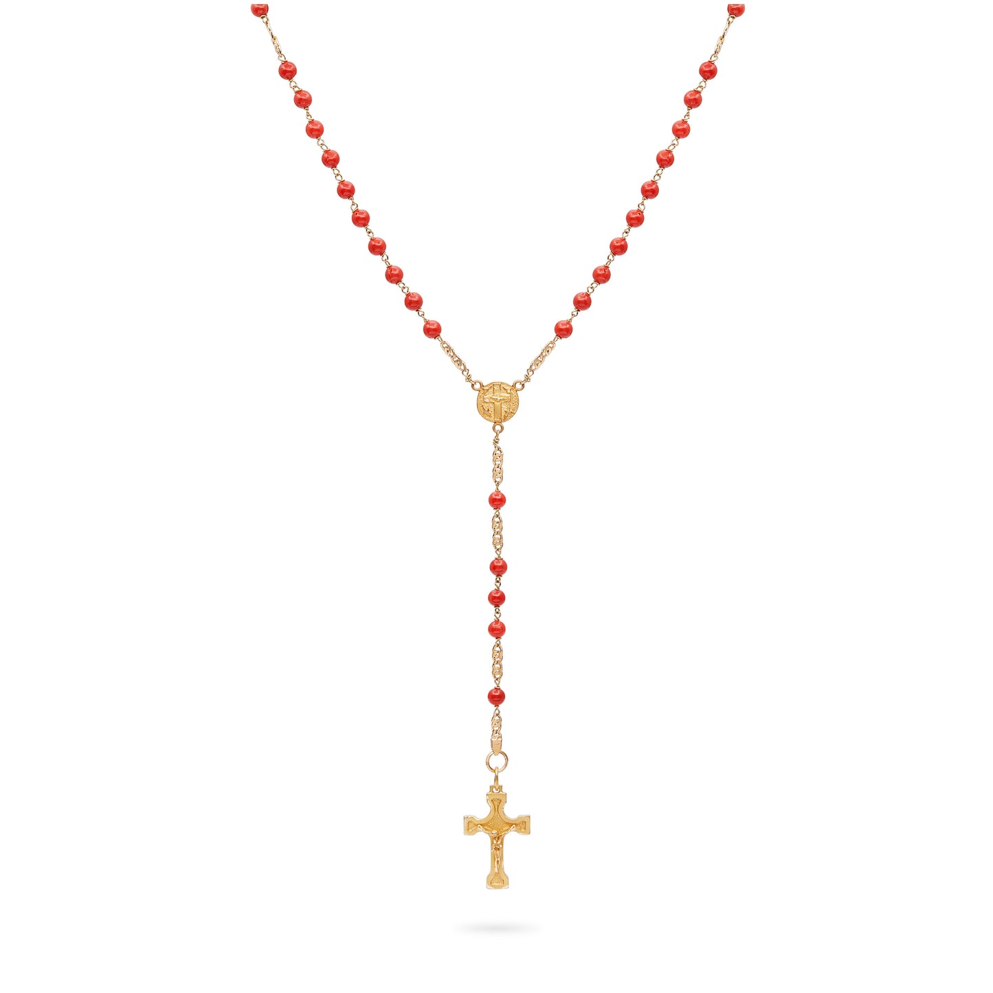 YELLOW GOLD ROSARY WITH CORAL GRAINS