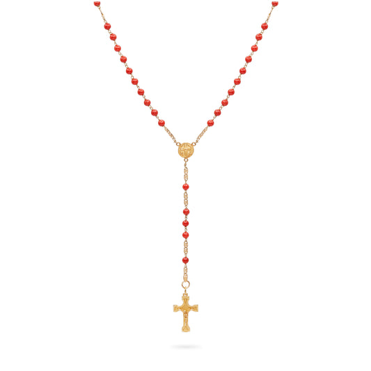 ROSARIO DE ORO AMARILLO CON GRANOS DE CORAL