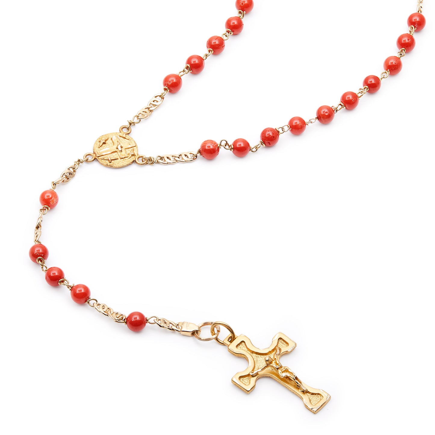 YELLOW GOLD ROSARY WITH CORAL GRAINS