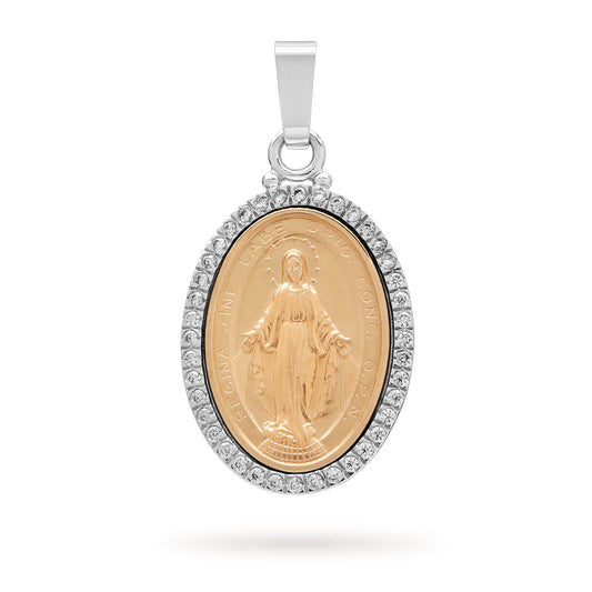 MIRACULOUS OVAL MEDAL IN BICOLOR GOLD WITH ZIRCONS