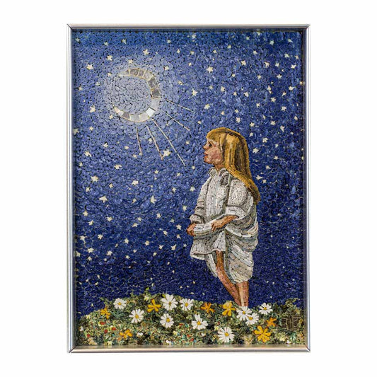 Chica mosaico que mira a la luna