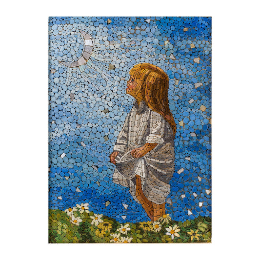 Chica mosaico que mira a la luna