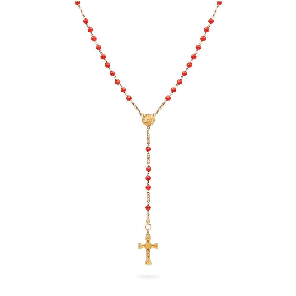 ROSARIO DE ORO AMARILLO CON GRANOS DE CORAL